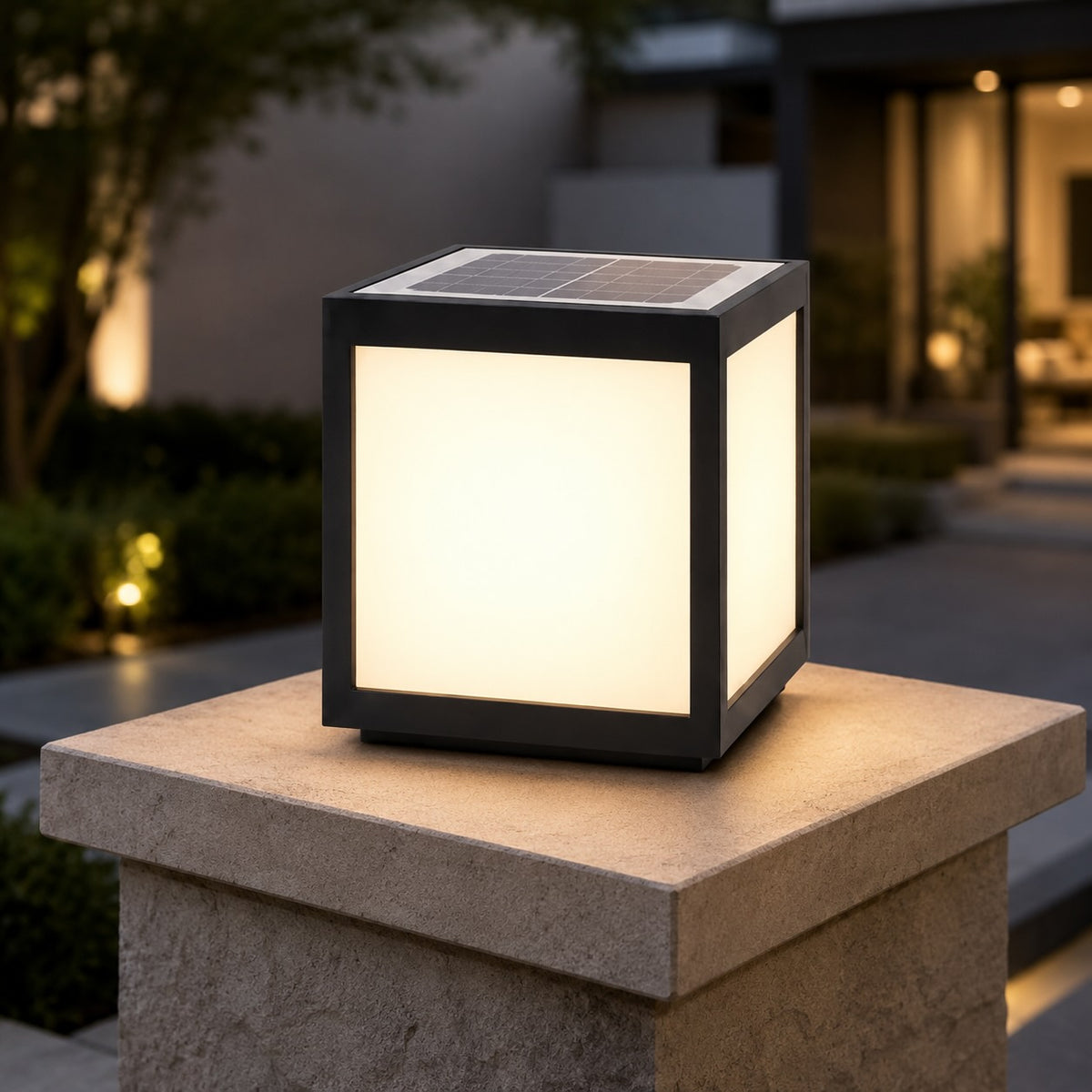 Modern Square Outdoor Pillar Light White Panel LED Solar or Hardwired IP65