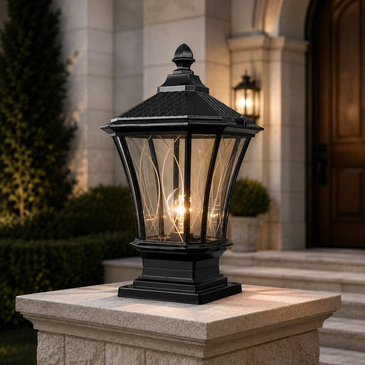 Solar Outdoor Post Light Modern Octagonal Glass Shade Aluminum LED 5W IP65 Waterproof