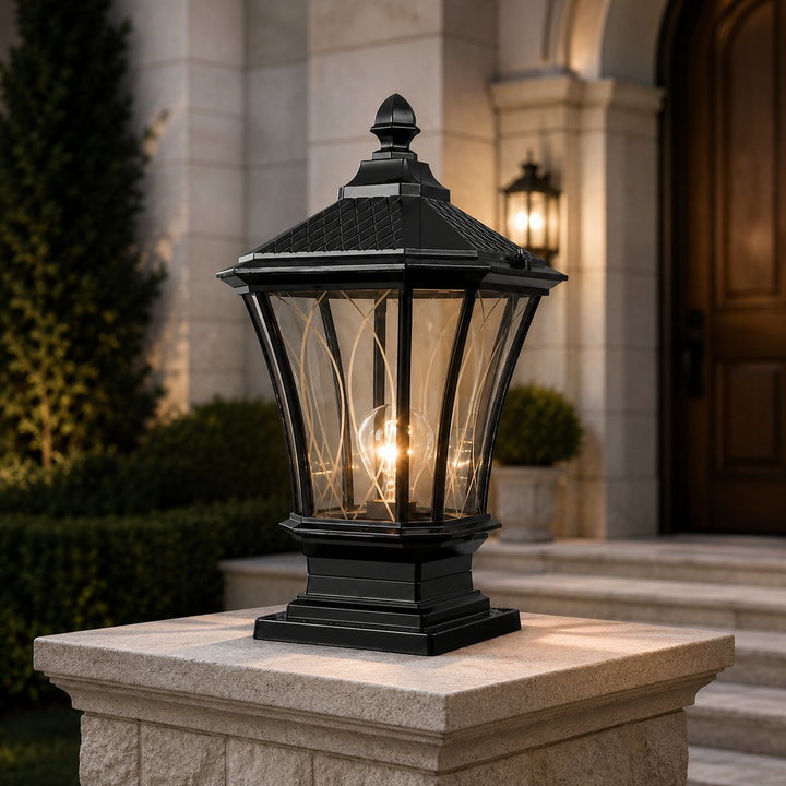 Solar Outdoor Post Light Modern Octagonal Glass Shade Aluminum LED 5W IP65 Waterproof