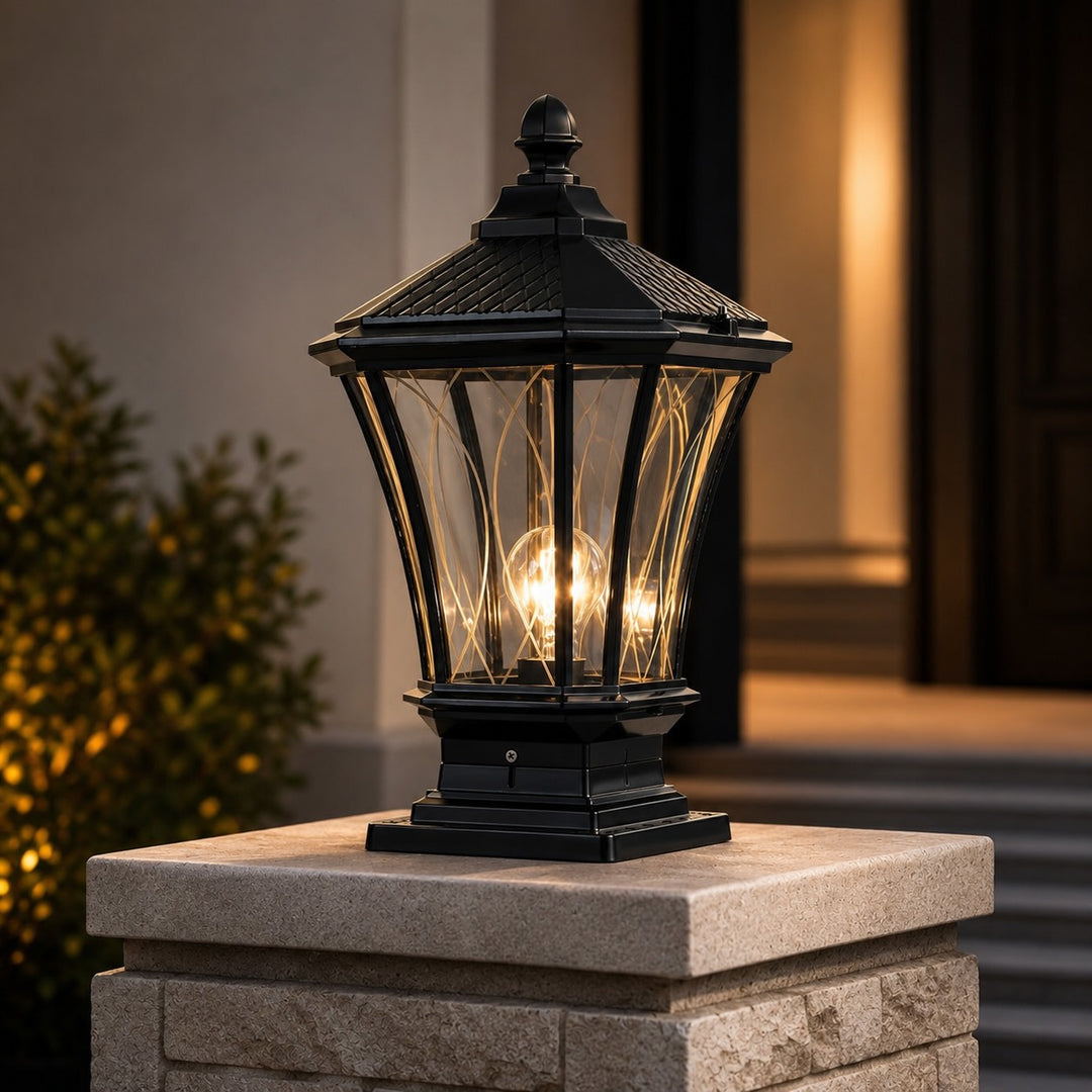 Solar Outdoor Post Light Modern Octagonal Glass Shade Aluminum LED 5W IP65 Waterproof