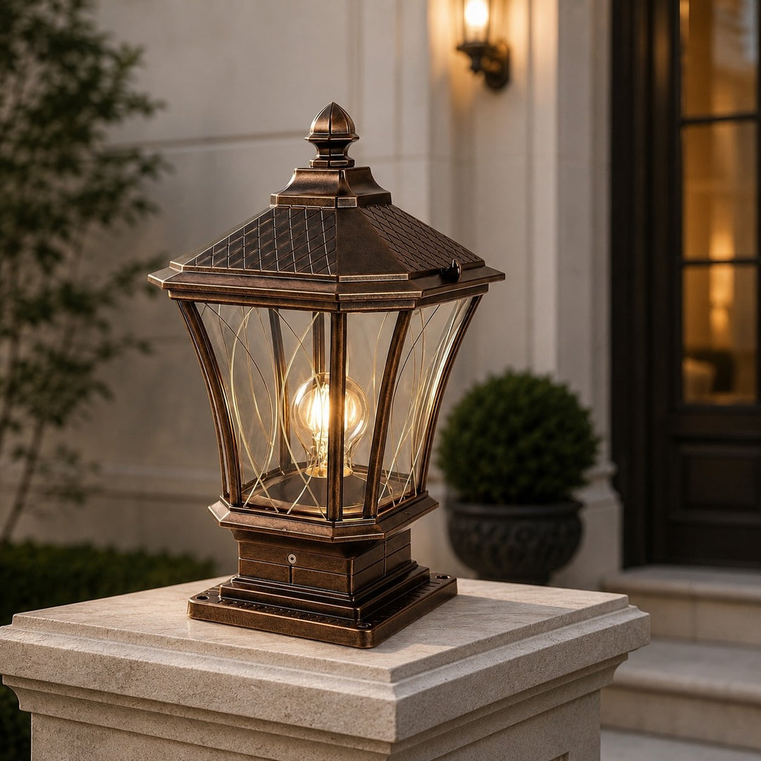 Solar Outdoor Post Light Modern Octagonal Glass Shade Aluminum LED 5W IP65 Waterproof