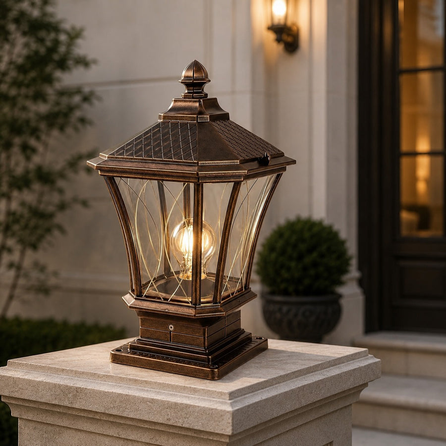 Solar Outdoor Post Light Modern Octagonal Glass Shade Aluminum LED 5W IP65 Waterproof in the bronze