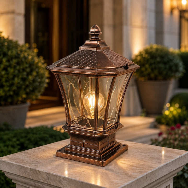 Solar Outdoor Post Light Modern Octagonal Glass Shade Aluminum LED 5W IP65 Waterproof