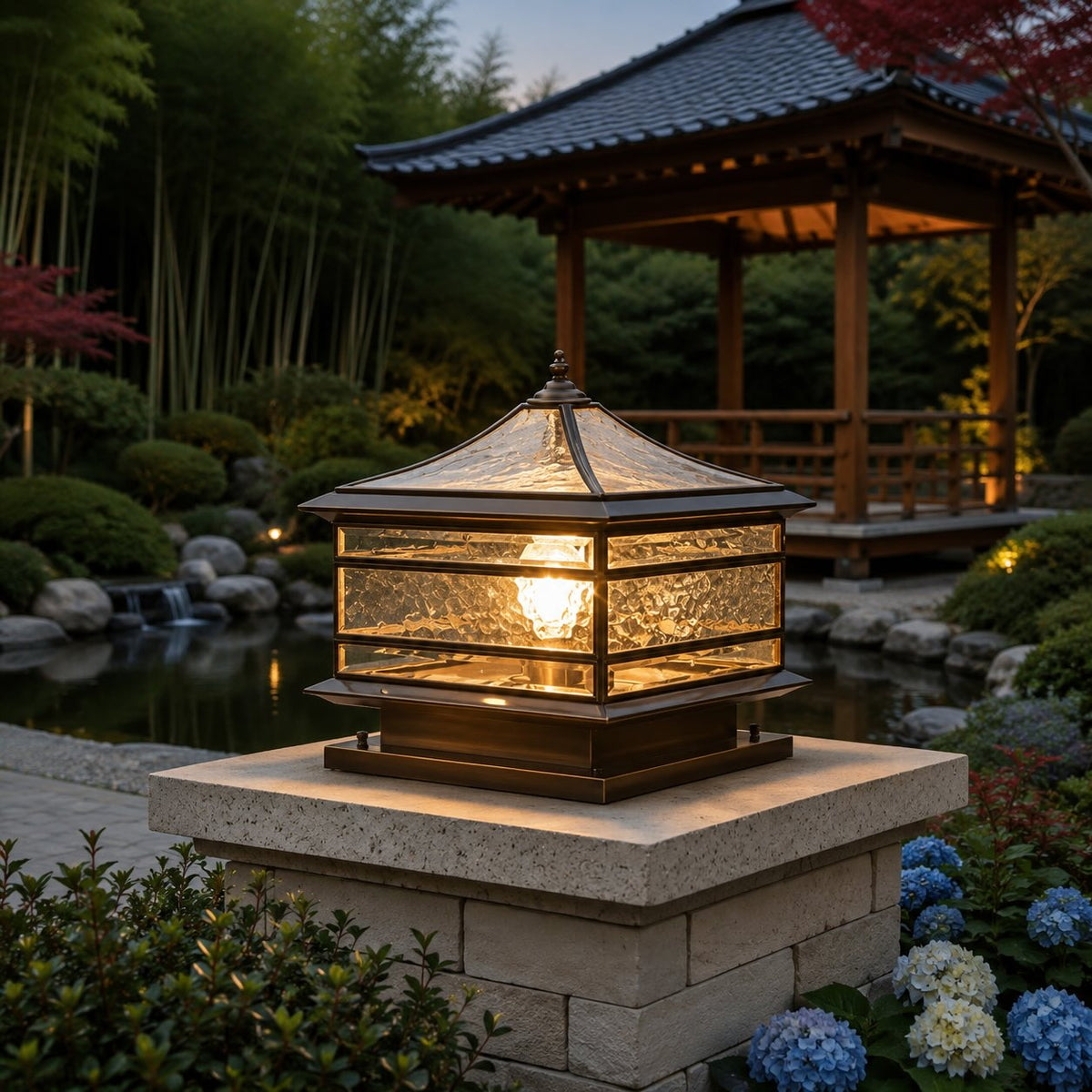 Vintage Outdoor Pillar Light Brass Tempered Glass Solar or Hardwired IP65