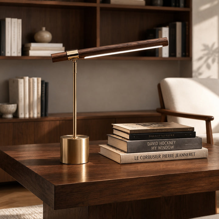 Modern LED Desk Lamp Adjustable Color Temperature USB Powered Wood and Brass Design