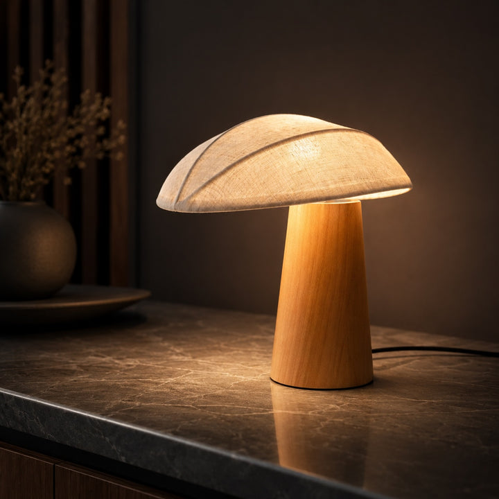 Modern Table Lamp with Natural Wood Base and Fabric Shade for Bedroom and Living Room Use
