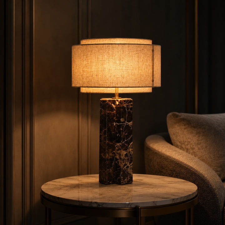 Minimalist Table Lamp with Marble Base Fabric Shade LED 3000K for Bedroom or Living Room