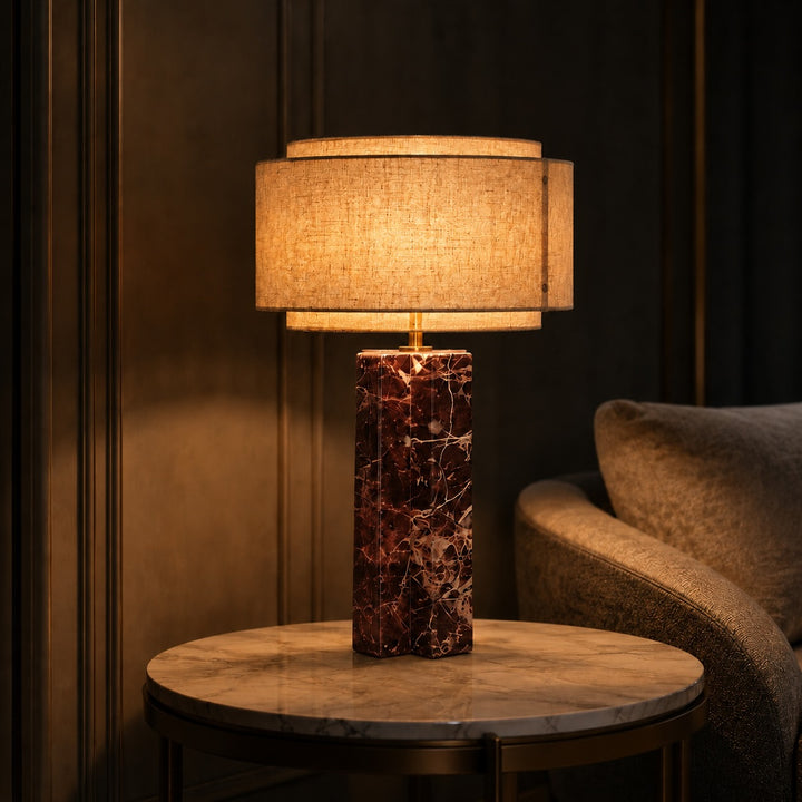 Minimalist Table Lamp with Marble Base Fabric Shade LED 3000K for Bedroom or Living Room