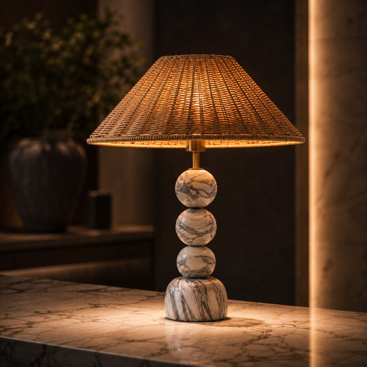 Modern Table Lamp with Marble Base Rattan Shade LED Adjustable Height for Living Room Bedroom