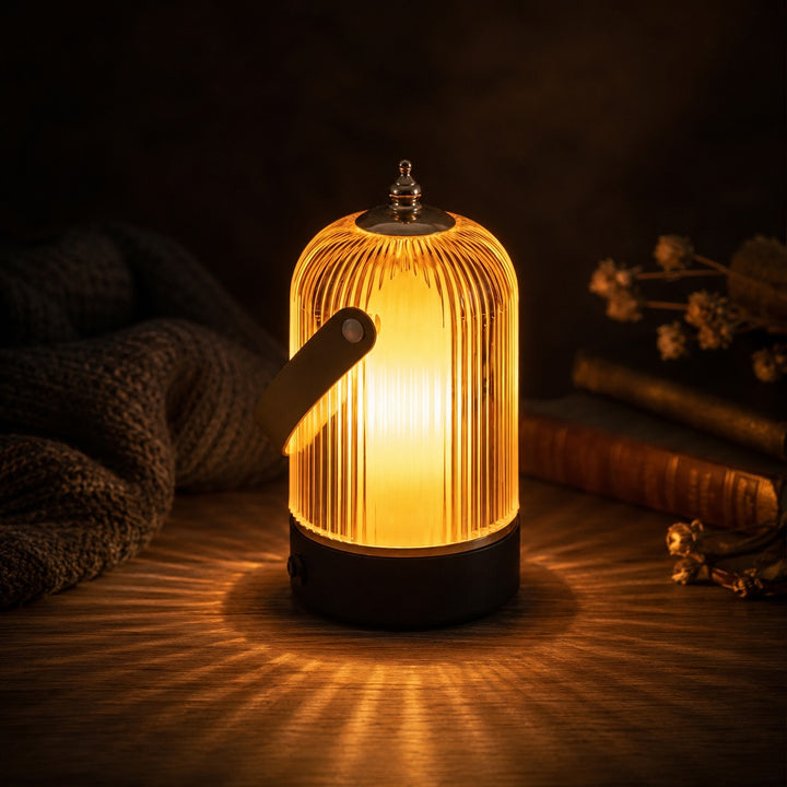 Modern Ribbed Glass Table Lamp Adjustable Metal Base Dimmable LED Light for Bedroom Office