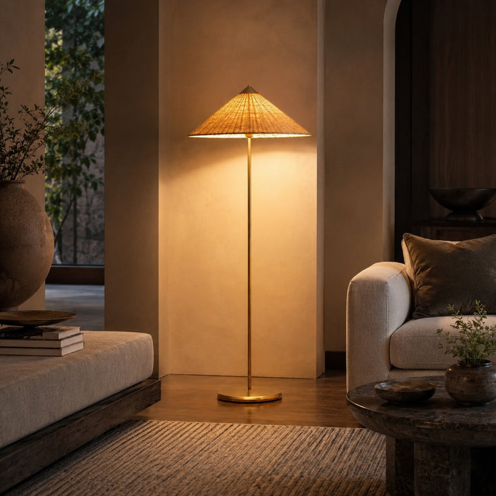 Vintage Rattan Floor Lamp Standing Design with E26 LED Compatibility for Cozy Living Room Lighting