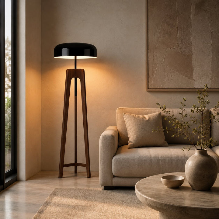 Contemporary Floor Lamp and Table Lamp with Walnut Wood Base and Black Metal Shade for LED Bulbs