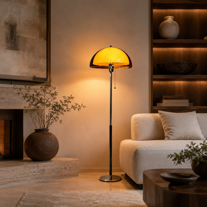 Modern Floor Lamp with Chrome Pole and Wooden Base for Living Room Dimmable Lighting