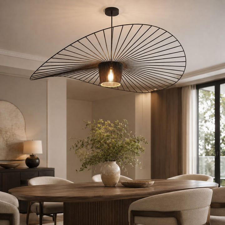 Modern Black Pendant Light Adjustable Hanging Shade Fiberglass Dimmable