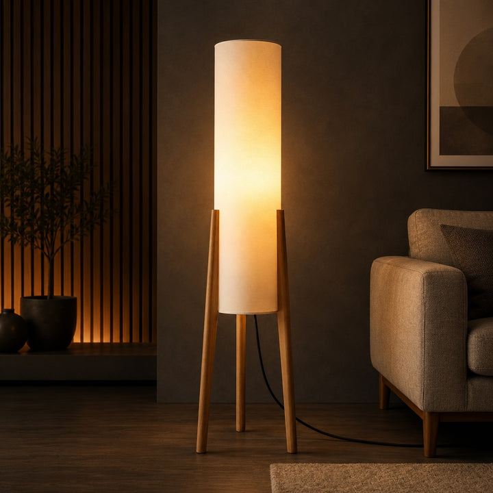 Modern Floor Lamp Standing Adjustable LED Tricolor Natural Wood Base Cloth Shade for Living Room