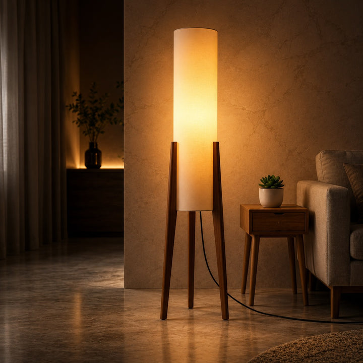 Modern Floor Lamp Standing Adjustable LED Tricolor Natural Wood Base Cloth Shade for Living Room