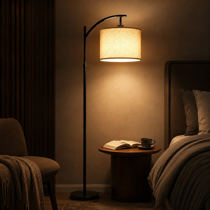 Modern Arc Floor Lamp Adjustable Height Iron Body Fabric Shade LED Light for Living Room