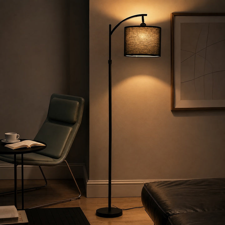 Modern Arc Floor Lamp Adjustable Height Iron Body Fabric Shade LED Light for Living Room