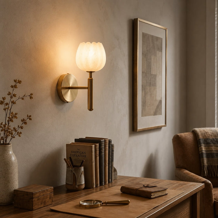 Modern Wall Light Wall Mounted Sconce with Brass Base and Natural Alabaster Shade LED Compatible