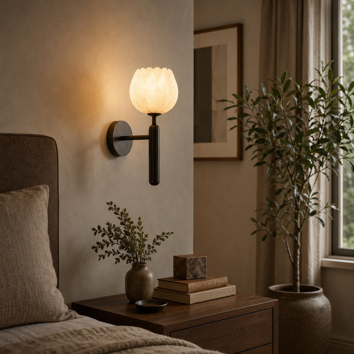 Modern Wall Light Wall Mounted Sconce with Brass Base and Natural Alabaster Shade LED Compatible
