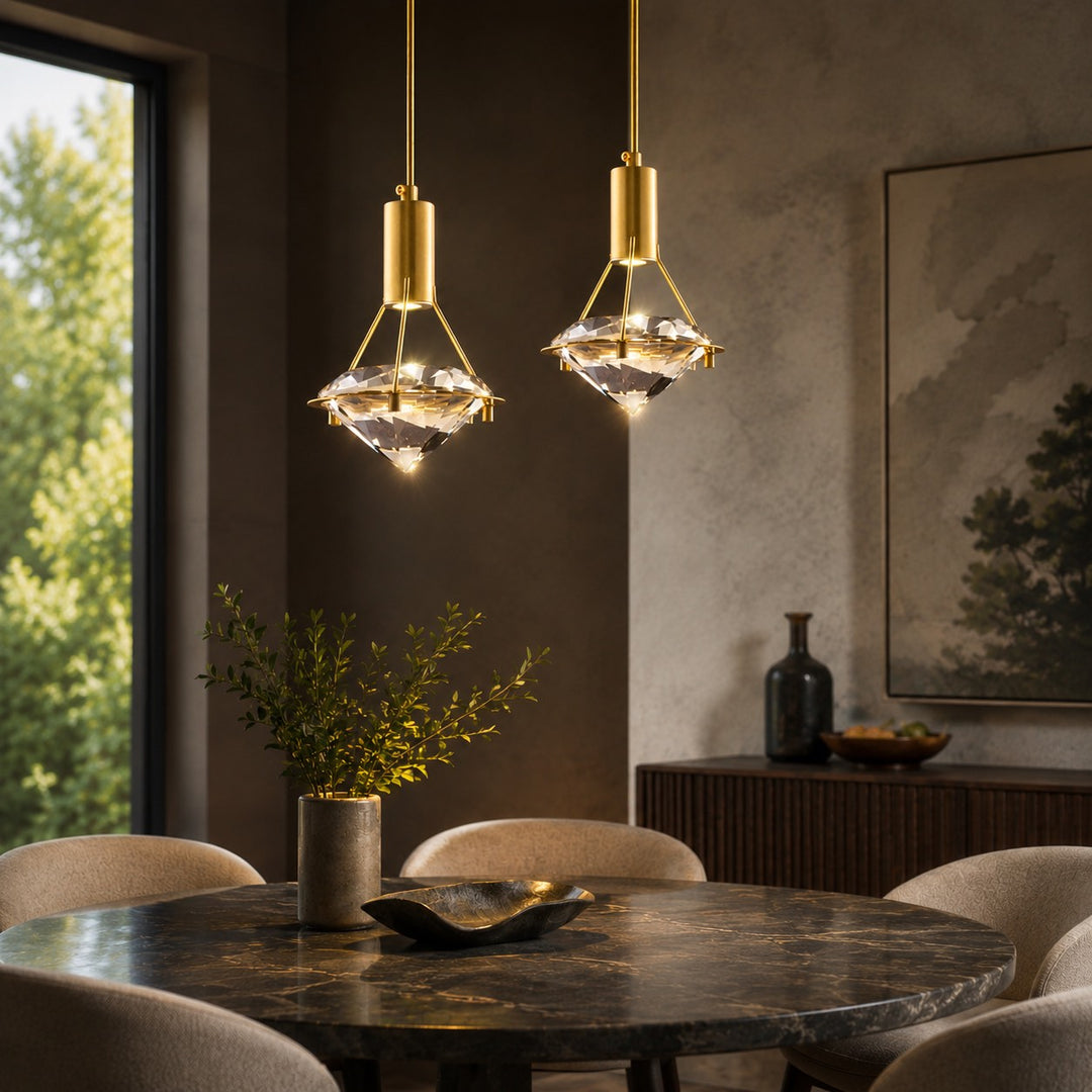 Modern Crystal Pendant Light Adjustable Hanging Metal and Glass LED Fixture for Living Room