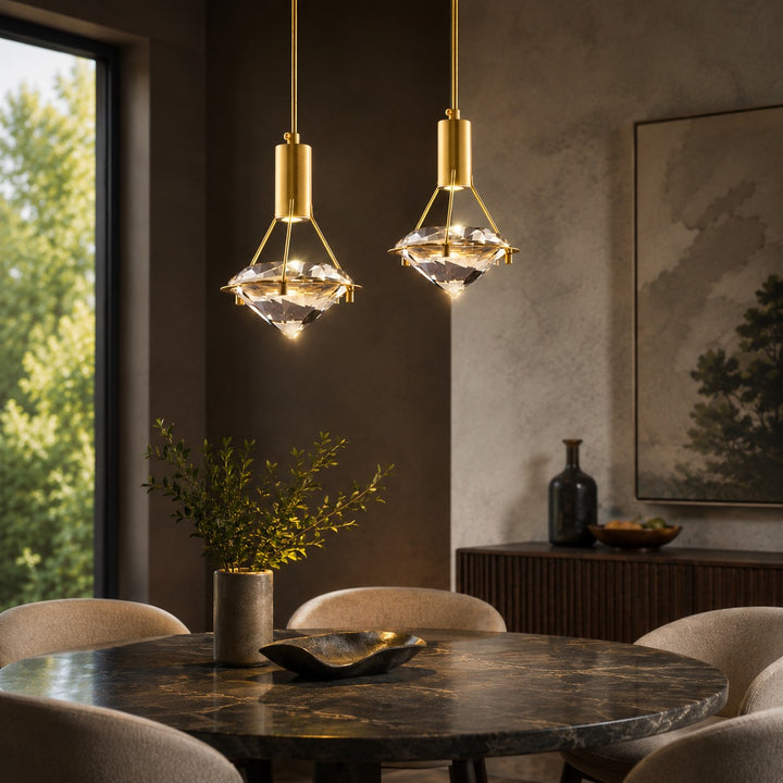 Modern Crystal Pendant Light Adjustable Hanging Metal and Glass LED Fixture for Living Room