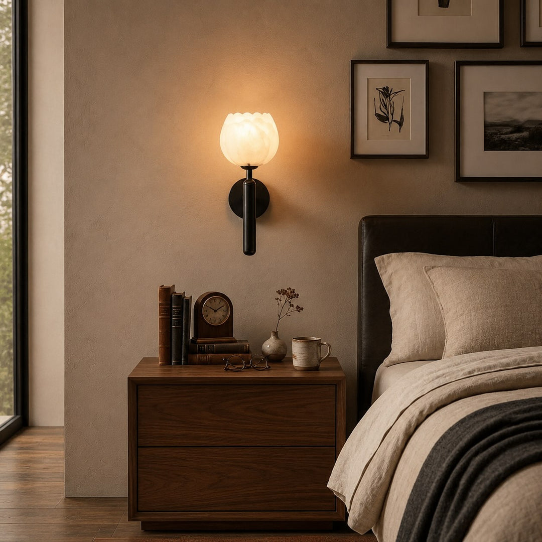 Modern Wall Light Wall Mounted Sconce with Brass Base and Natural Alabaster Shade LED Compatible