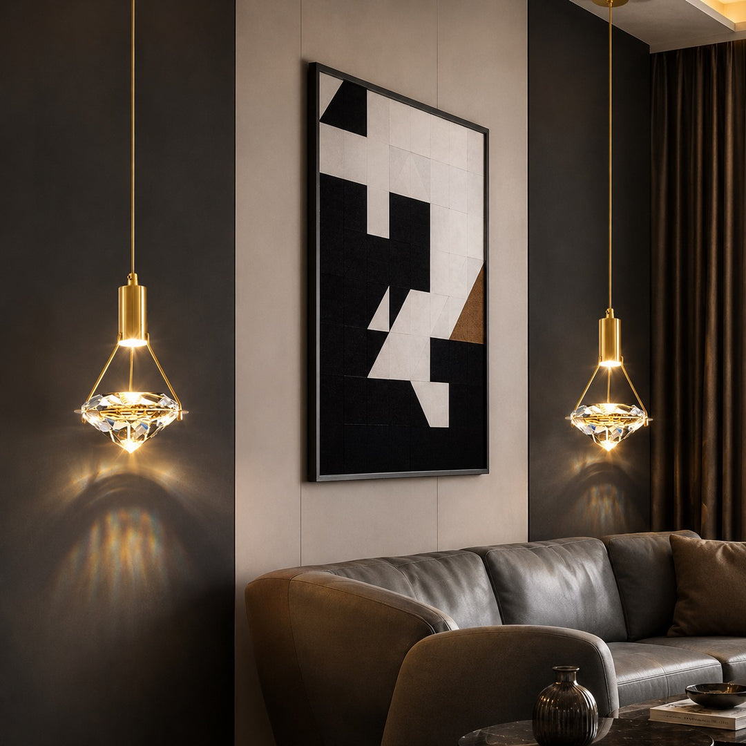 Modern Crystal Pendant Light Adjustable Hanging Metal and Glass LED Fixture for Living Room