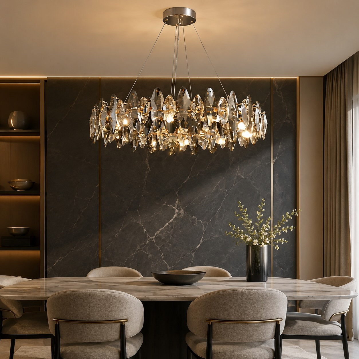 Modern Round Chandelier Light Adjustable Hanging Iron Frame K9 Crystal LED 3000K
