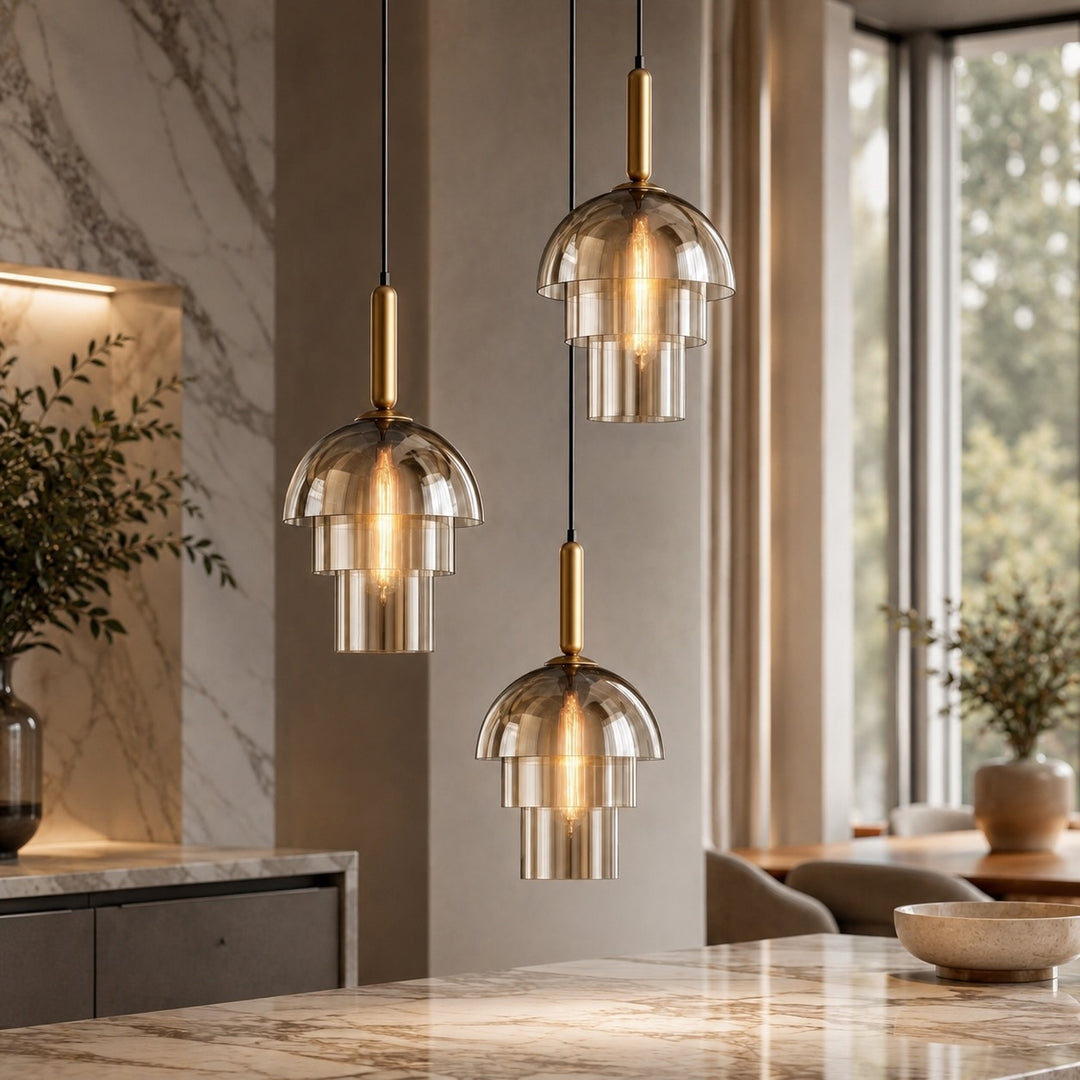 Modern Pendant Lamp Adjustable Height Glass Shade Brass Accents LED Kitchen Pendant Lighting