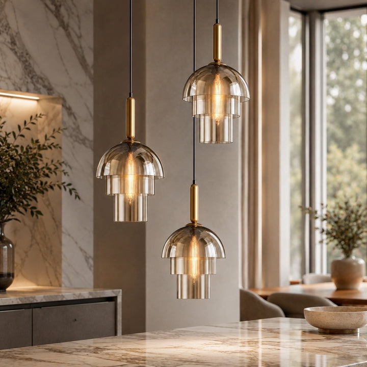 Modern Pendant Lamp Adjustable Height Glass Shade Brass Accents LED Kitchen Pendant Lighting