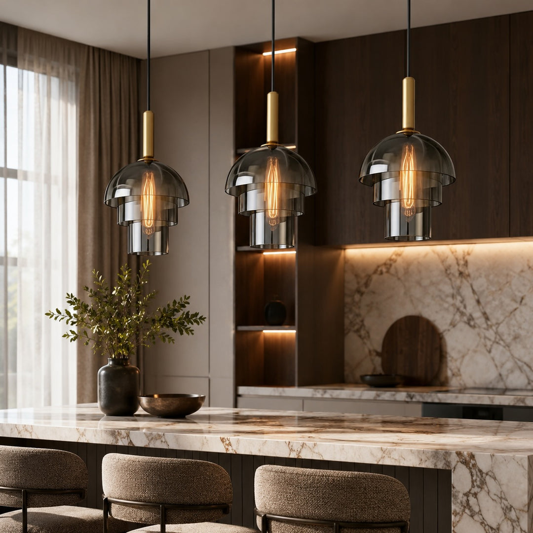 Modern Pendant Lamp Adjustable Height Glass Shade Brass Accents LED Kitchen Pendant Lighting