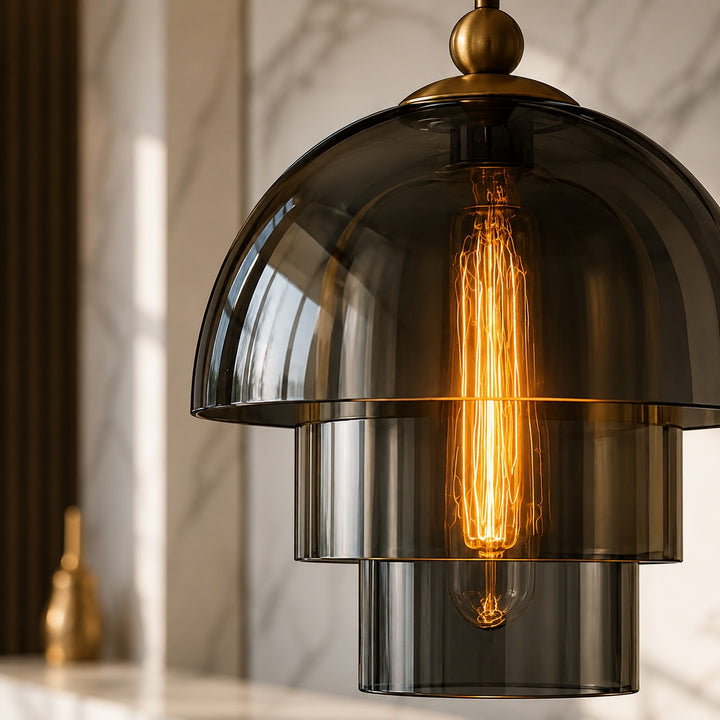 Modern Pendant Lamp Adjustable Height Glass Shade Brass Accents LED Kitchen Pendant Lighting