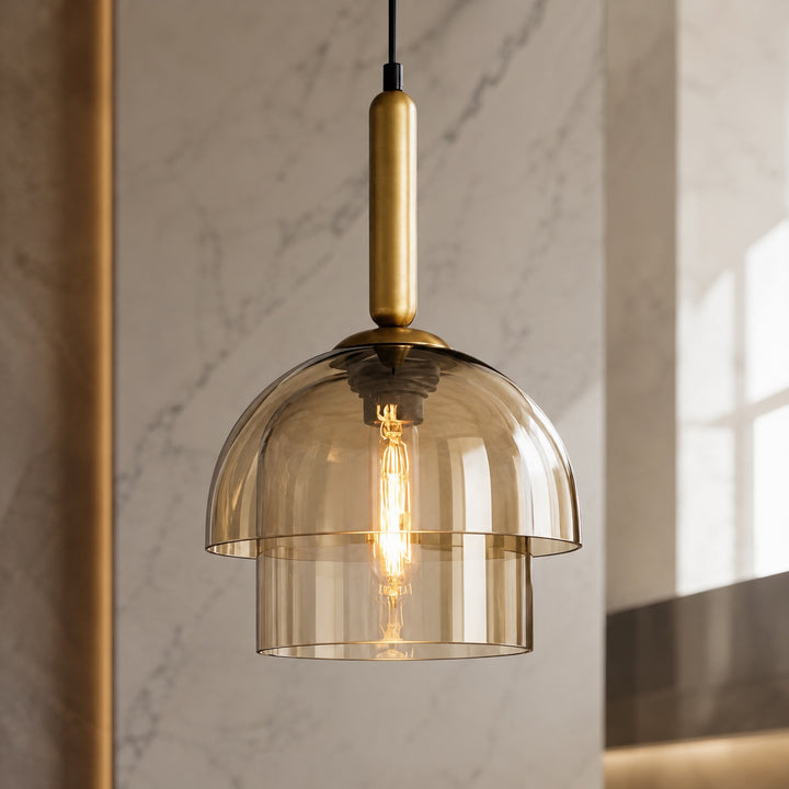 Modern Pendant Lamp Adjustable Height Glass Shade Brass Accents LED Kitchen Pendant Lighting