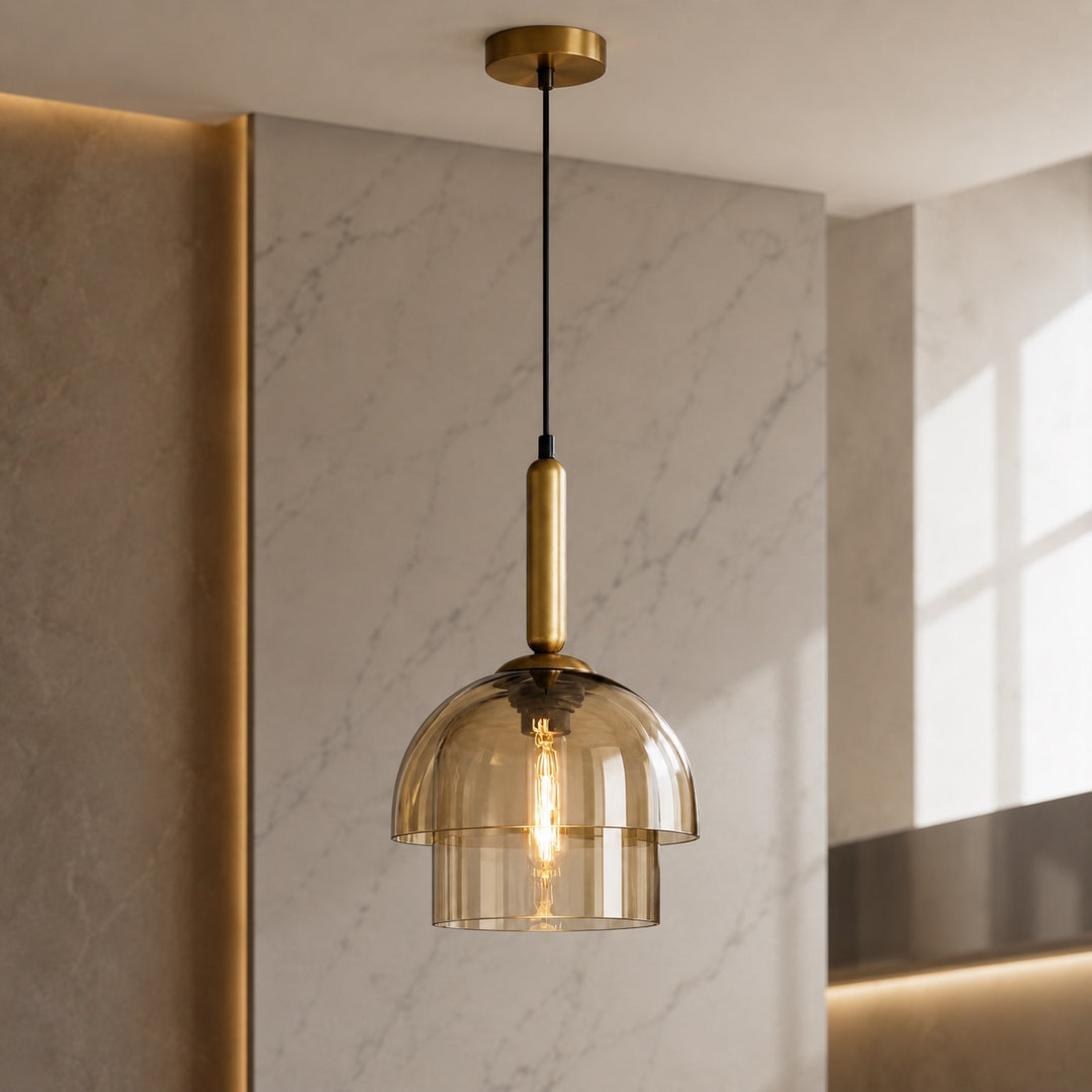 Modern Pendant Lamp Adjustable Height Glass Shade Brass Accents LED Kitchen Pendant Lighting