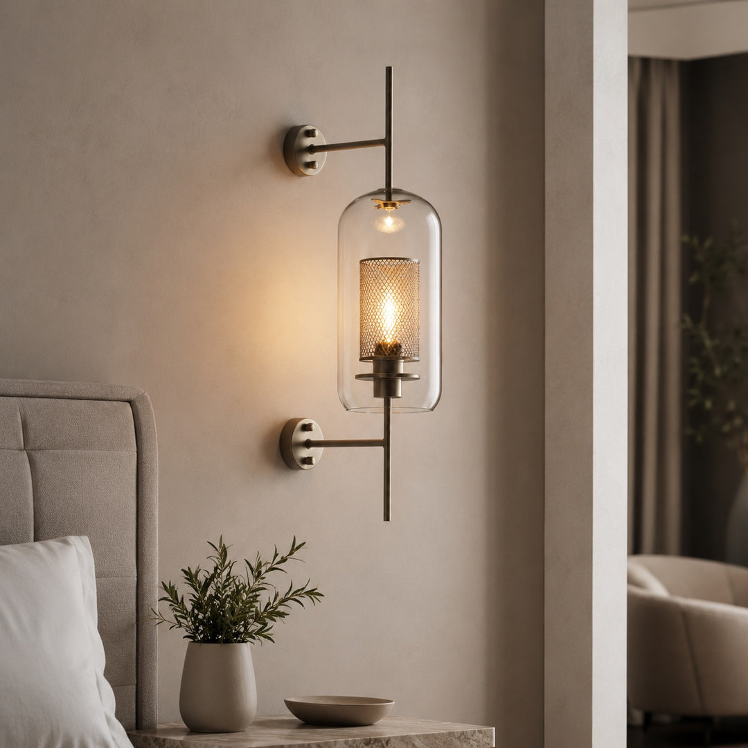 Industrial Wall Light Wall Mounted Metal and Clear Glass Globe LED Fixture with Honeycomb Design