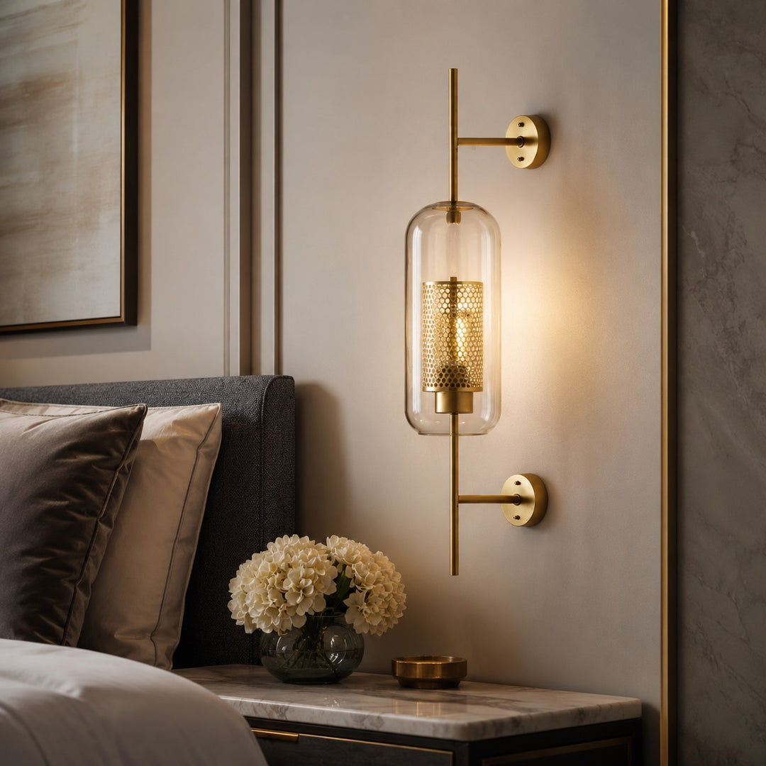Industrial Wall Light Wall Mounted Metal and Clear Glass Globe LED Fixture with Honeycomb Design