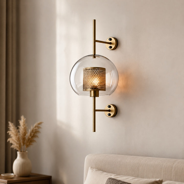 Industrial Wall Light Wall Mounted Metal and Clear Glass Globe LED Fixture with Honeycomb Design