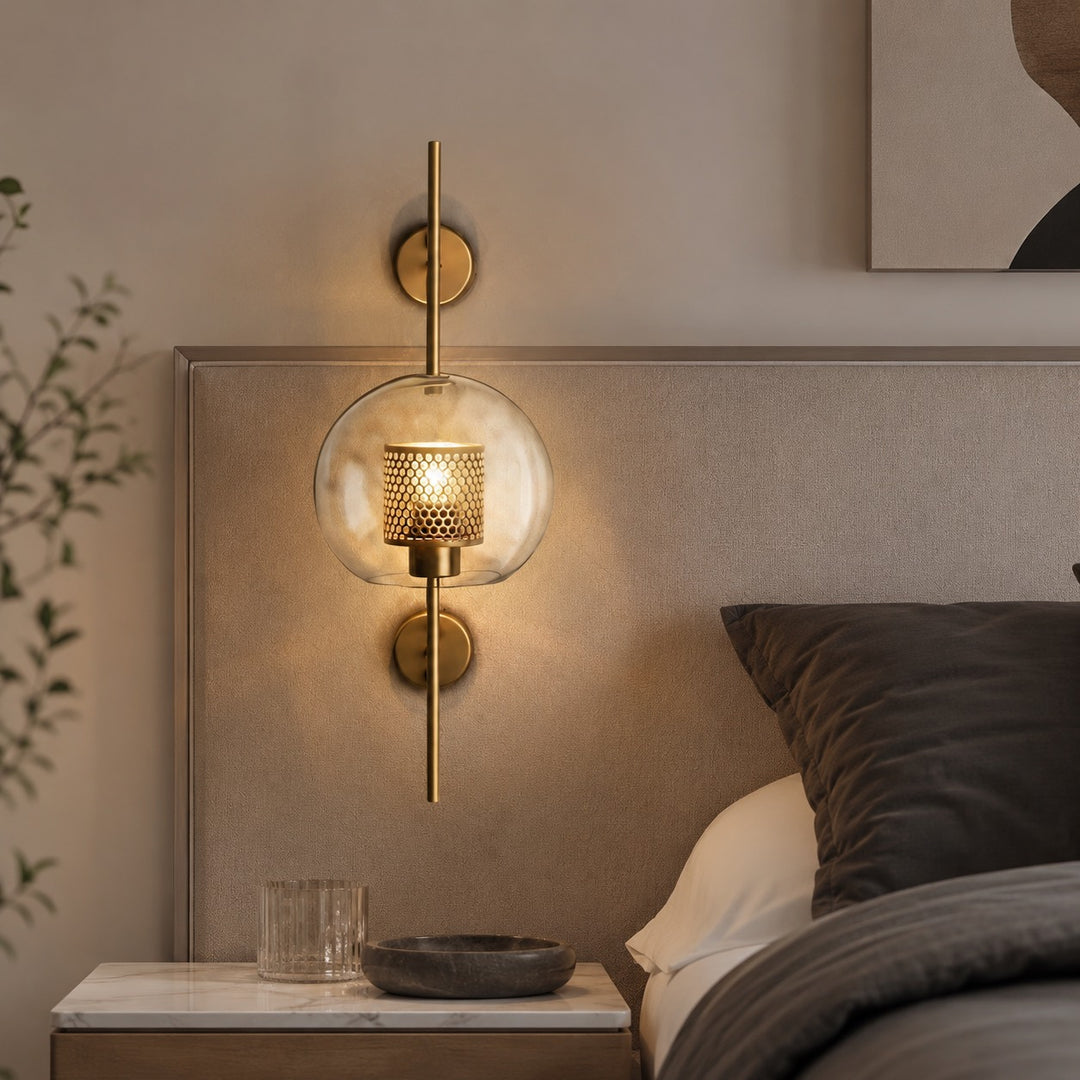 Industrial Wall Light Wall Mounted Metal and Clear Glass Globe LED Fixture with Honeycomb Design