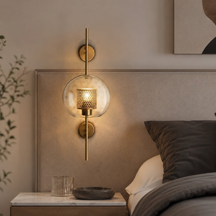 Industrial Wall Light Wall Mounted Metal and Clear Glass Globe LED Fixture with Honeycomb Design