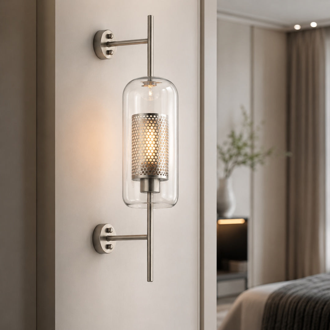 Industrial Wall Light Wall Mounted Metal and Clear Glass Globe LED Fixture with Honeycomb Design
