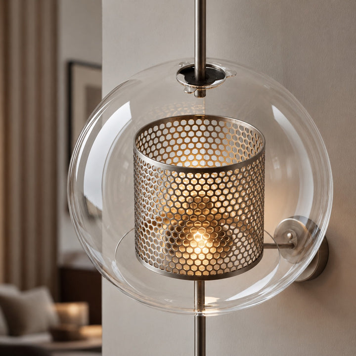 Industrial Wall Light Wall Mounted Metal and Clear Glass Globe LED Fixture with Honeycomb Design