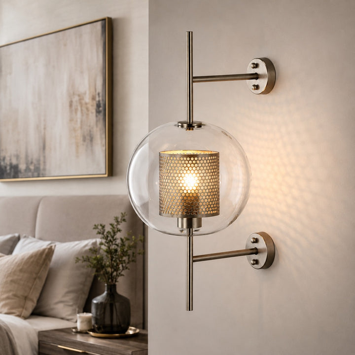 Industrial Wall Light Wall Mounted Metal and Clear Glass Globe LED Fixture with Honeycomb Design