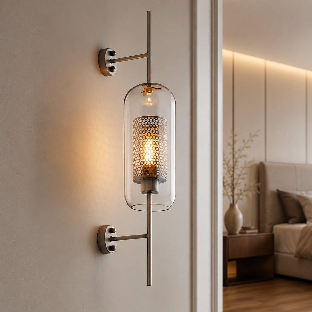 Industrial Wall Light Wall Mounted Metal and Clear Glass Globe LED Fixture with Honeycomb Design