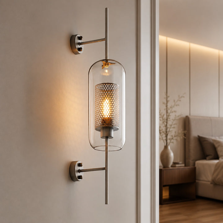 Industrial Wall Light Wall Mounted Metal and Clear Glass Globe LED Fixture with Honeycomb Design