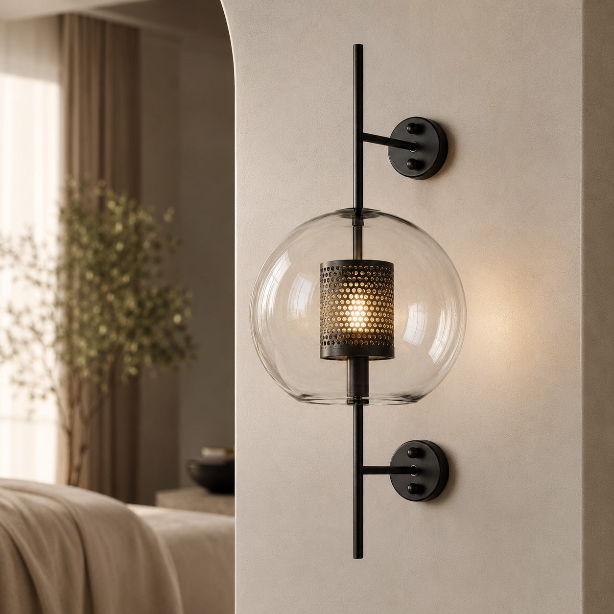 Industrial Wall Light Wall Mounted Metal and Clear Glass Globe LED Fixture with Honeycomb Design