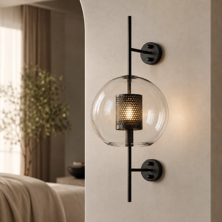 Industrial Wall Light Wall Mounted Metal and Clear Glass Globe LED Fixture with Honeycomb Design
