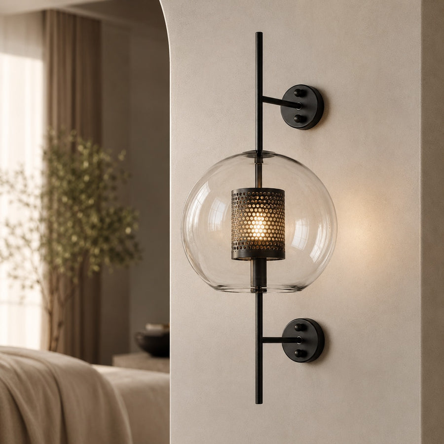 Industrial Wall Light Wall Mounted Metal and Clear Glass Globe LED Fixture with Honeycomb Design in the black