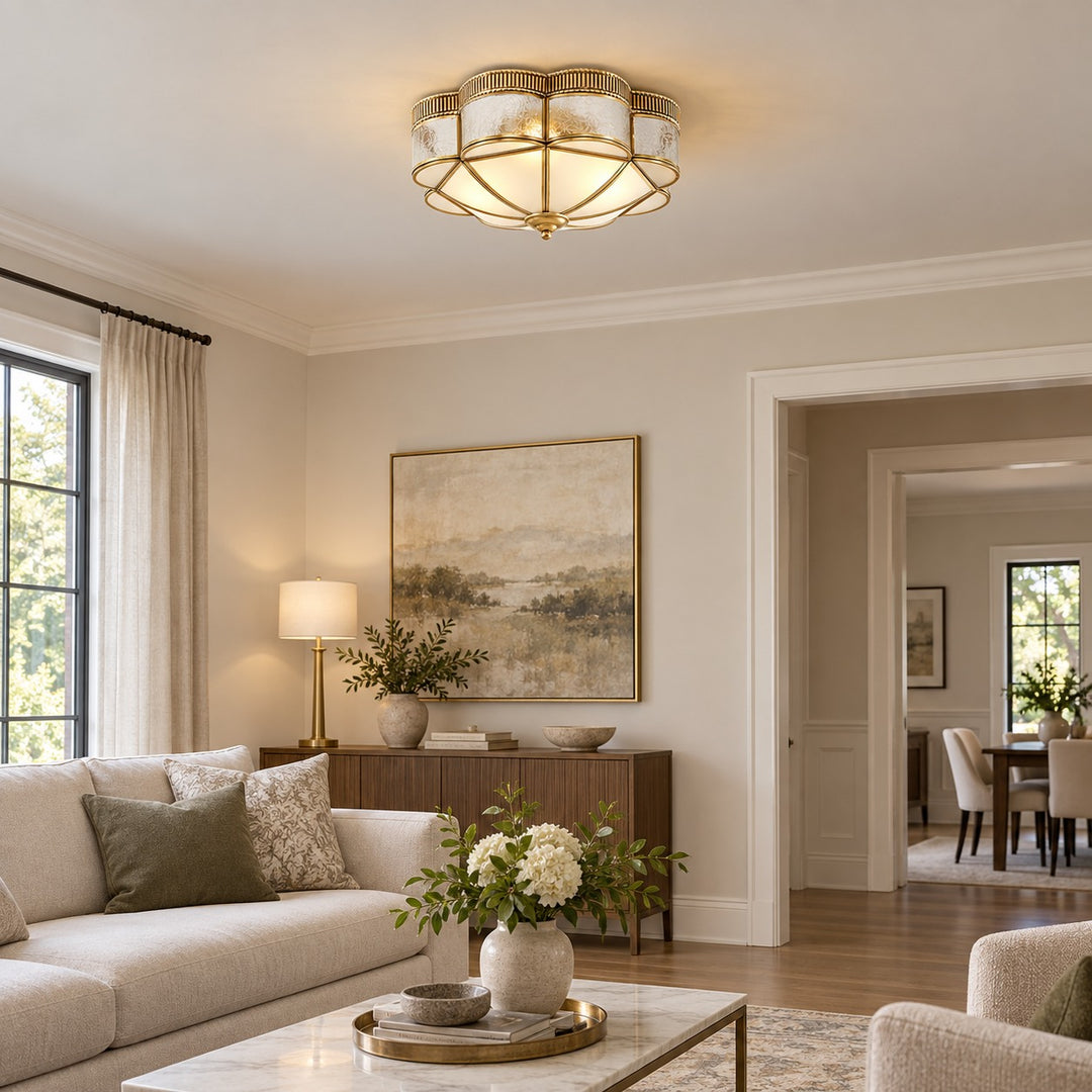 Modern Brass Flush Mount Ceiling Light with Curved Frosted Glass Shade and LED Compatibility