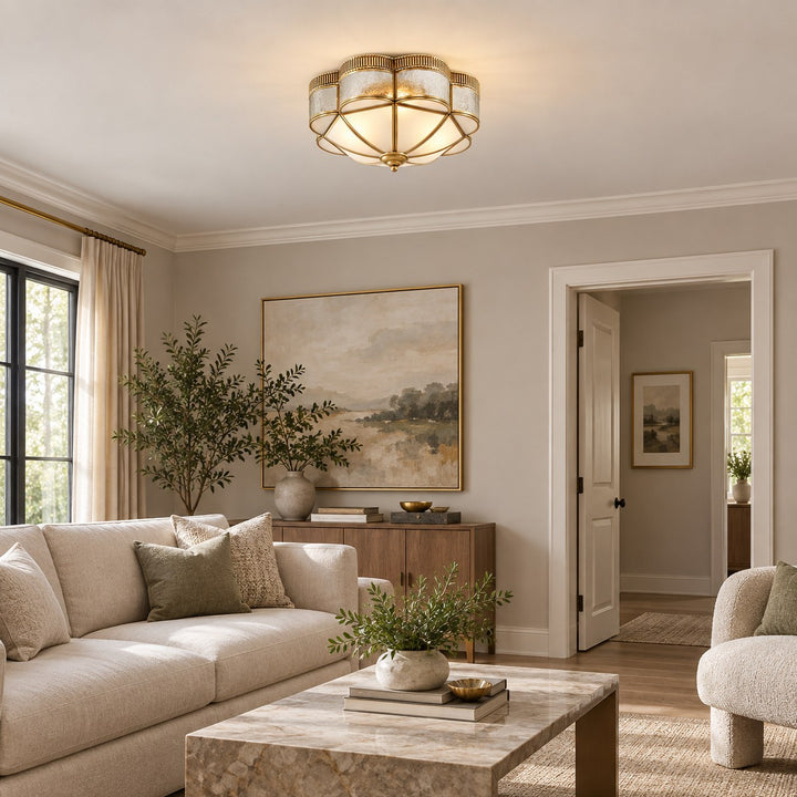Modern Brass Flush Mount Ceiling Light with Curved Frosted Glass Shade and LED Compatibility